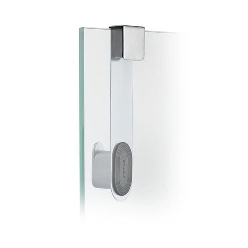 1. Blomus stainless steel hook attached to a glass panel, ideal for hanging items in bathrooms or offices.  