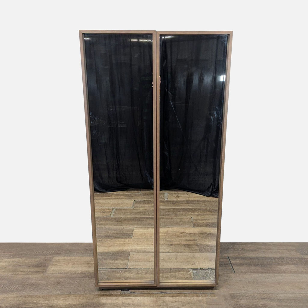 1. CB2 hutch armoire with two mirrored doors, wood frame, ideal for storage and modern decor.