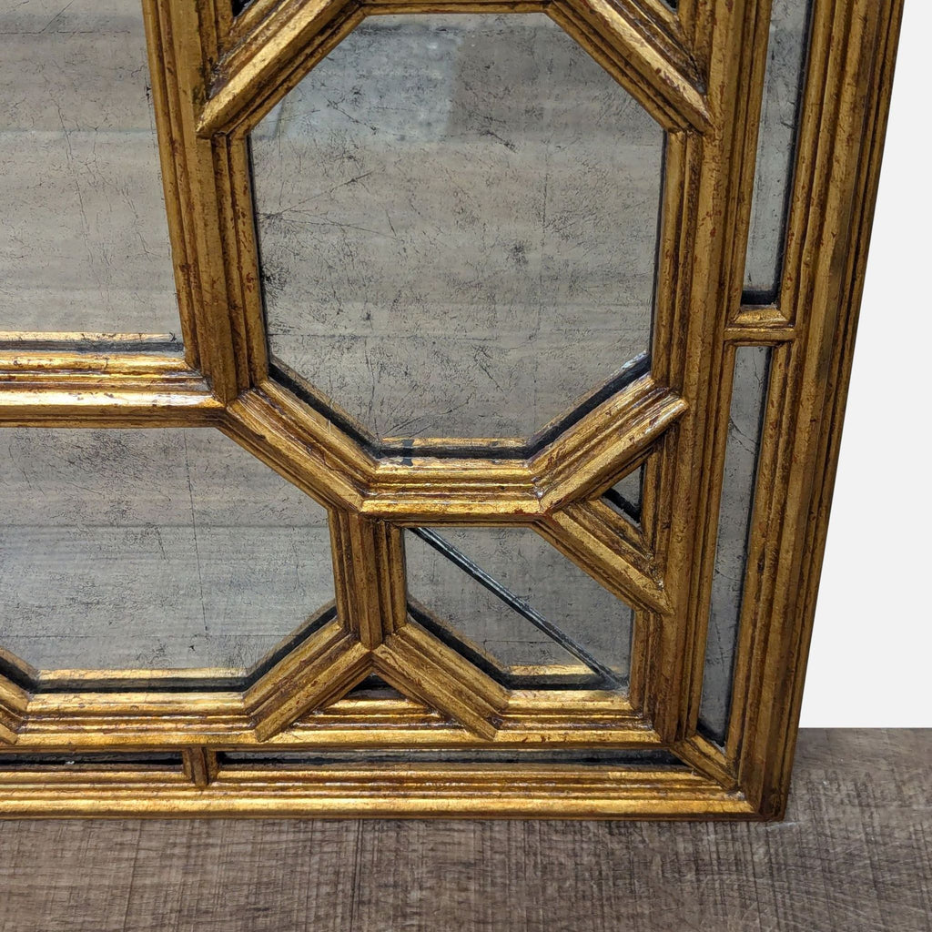 3. Close-up of gilded octagonal coffered mirror frame, highlighting antiqued mirror glass and detailed edgework.
