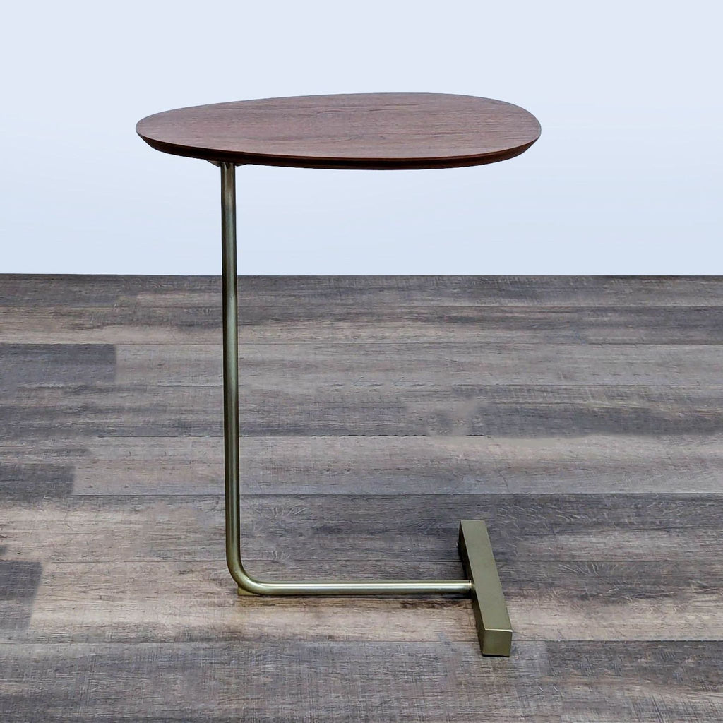 1. West Elm side table with walnut veneer top and antique brass metal base, shown on wood floor.