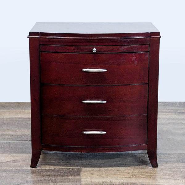 1. Dark wood nightstand with three drawers and sleek metal handles, from Modus Furniture End Table collection.