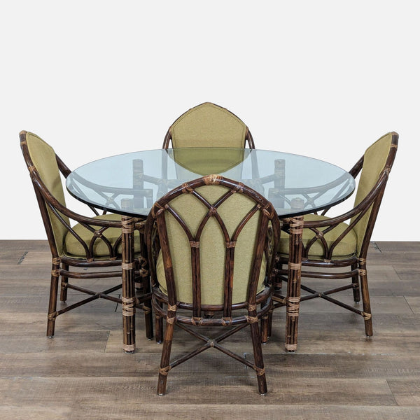 1. McGuire dining set: bamboo frame joined by patented leather straps, topped with round beveled glass.