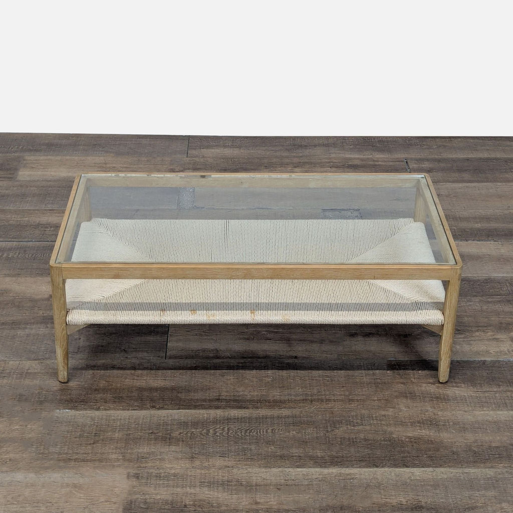 Glass Top Wood Coffee Table with Woven Shelf