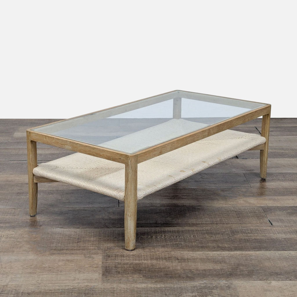 Glass Top Wood Coffee Table with Woven Shelf