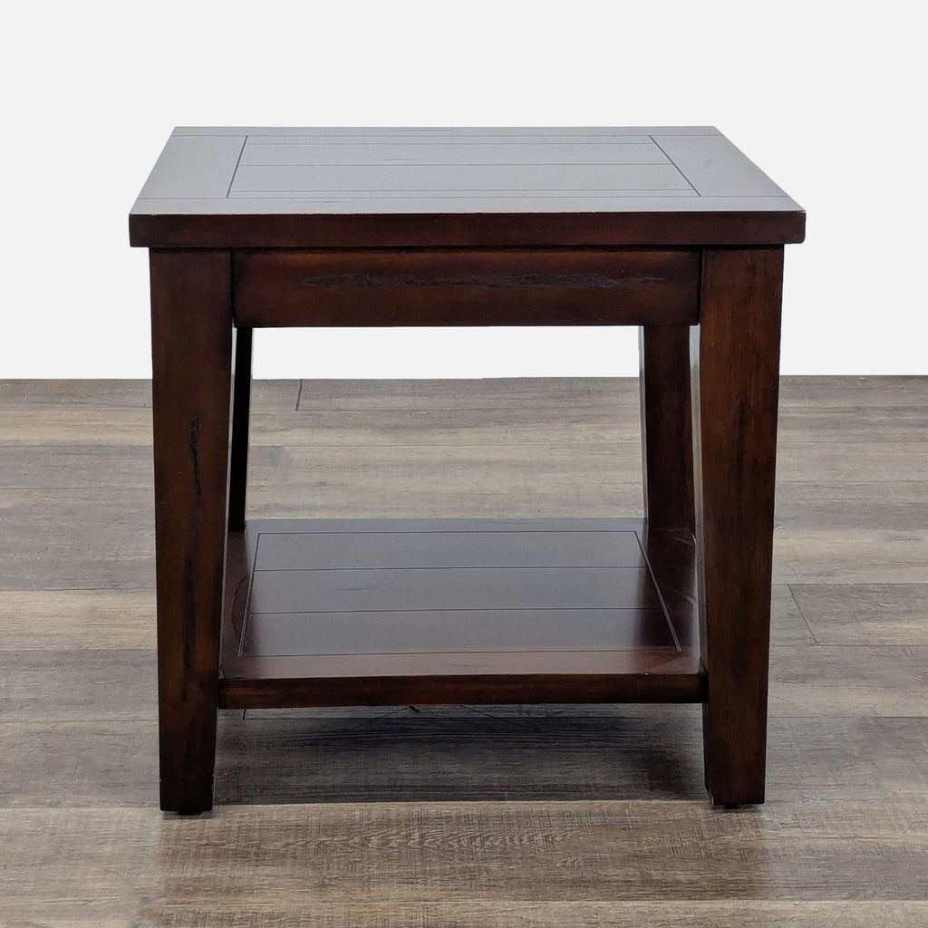 2. Square World Market end table in rich brown finish with sturdy legs and an extra bottom shelf.