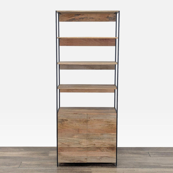 1. Williams Sonoma bookshelf with mango wood shelves and metal frame, featuring a lower two-door cabinet.