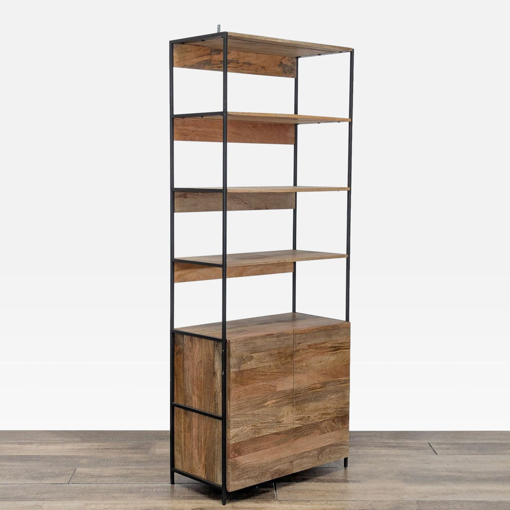 3. Angled view of Williams Sonoma bookshelf, highlighting mango wood construction and sleek black metal frame.