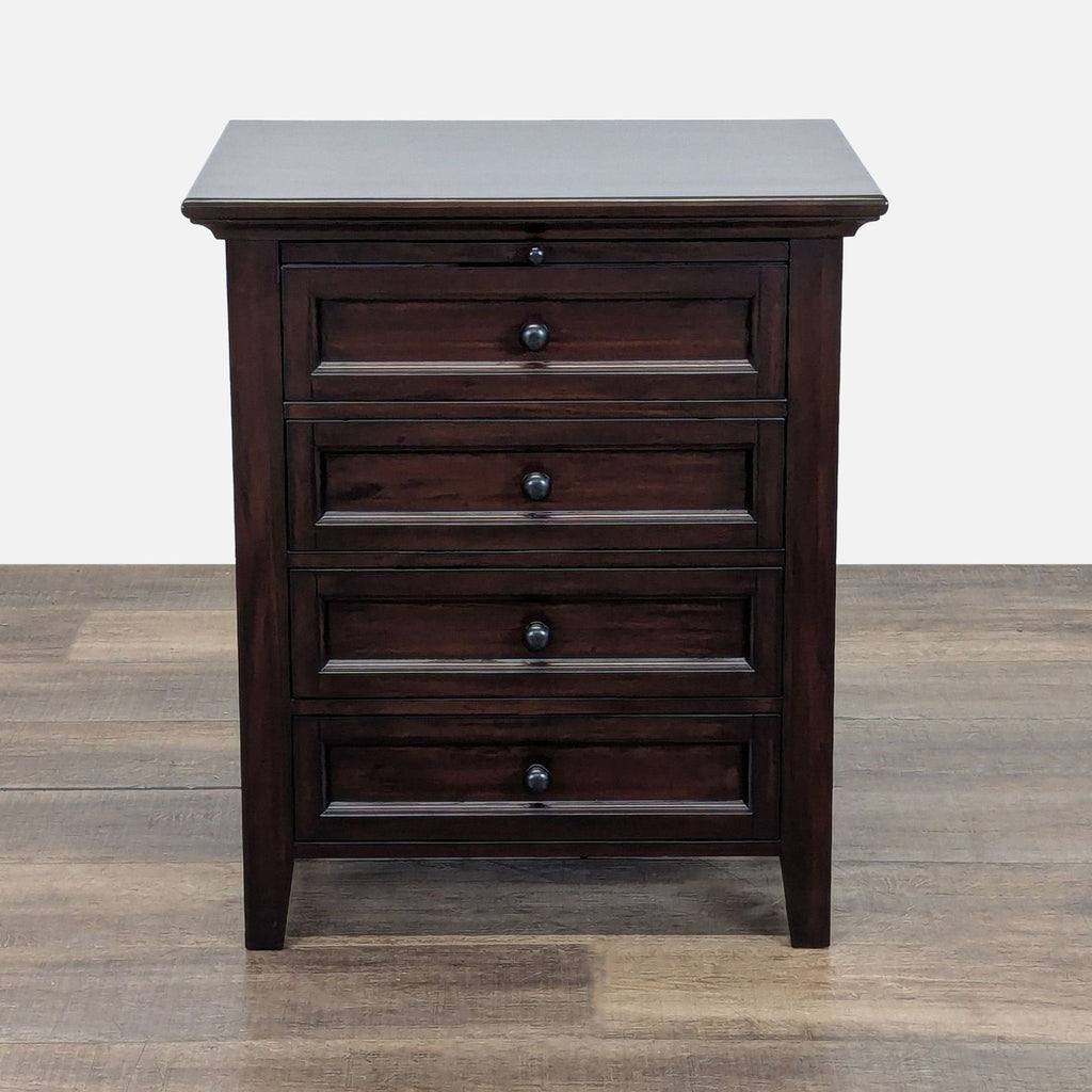 1. Pottery Barn mahogany dresser with bronze finish brass hardware, featuring a smooth veneer surface.  
