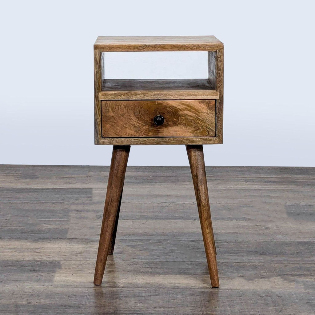 1. Reperch end table with angled legs, open shelf, and a single drawer, shown against a neutral background.