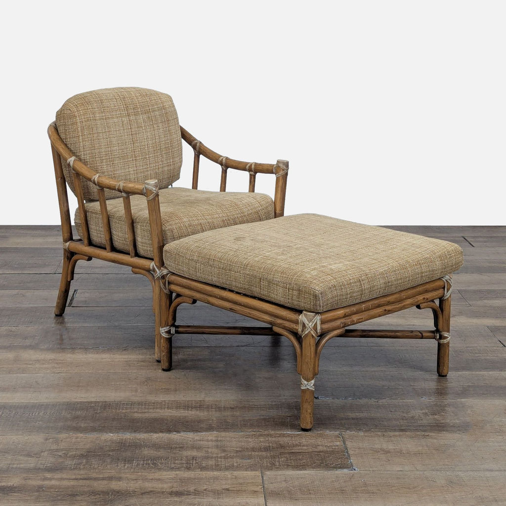 1. Lounge chair and ottoman by McGuire with bamboo frame, leather straps, and removable tan cushions, on wood floor.