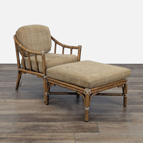 1. Lounge chair and ottoman by McGuire with bamboo frame, leather straps, and removable tan cushions, on wood floor.