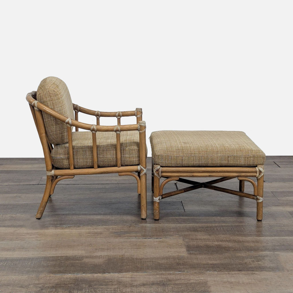 2. Side view of McGuire lounge chair set featuring a bamboo frame, leather details, and thick, removable cushions.
