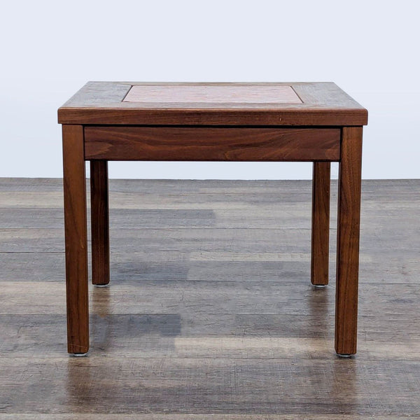 1. Small walnut side table with square legs, featuring an enamel inlay top with an orange-yellow "Constellation" motif.