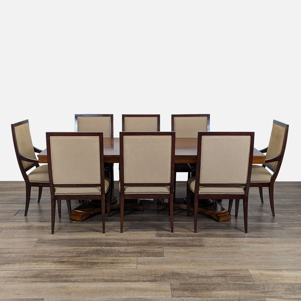 1. Restoration Hardware dining set with extendable double pedestal table, 2 arm chairs, and 6 side chairs in fabric.