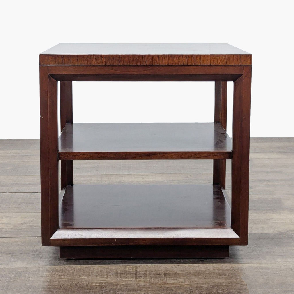 1. Crate & Barrel end table with three wooden shelves, square frame, and a modern open design.