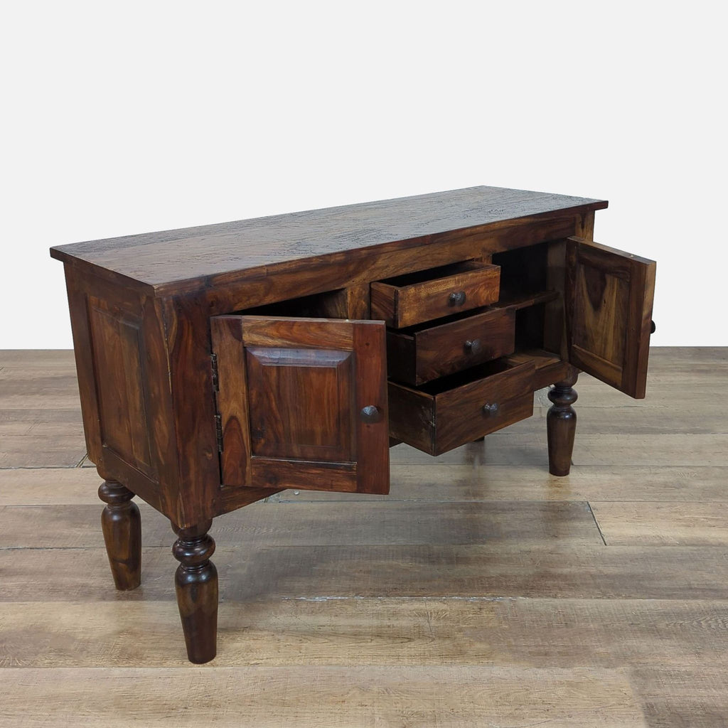 2. Sideboard with both cabinet doors open and central drawers partially pulled out, showing storage options.