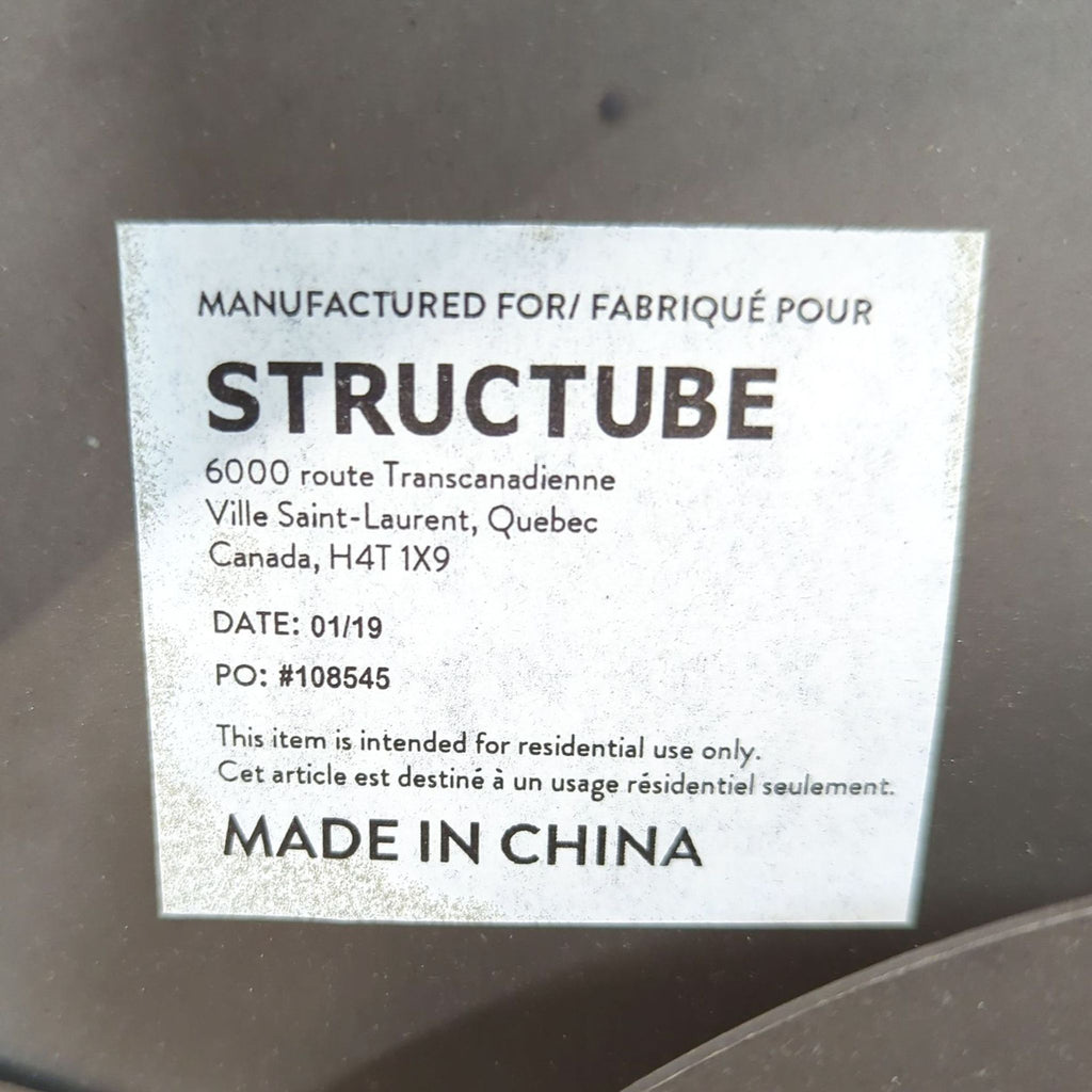 3. Structube product label indicating manufacturing details and origin, showing made in China and residential use only.