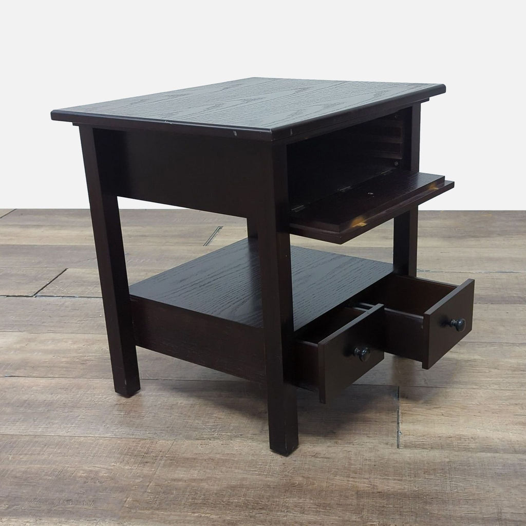 2. Crate & Barrel end table with fully open upper pullout tray and lower drawers, in dark finish.