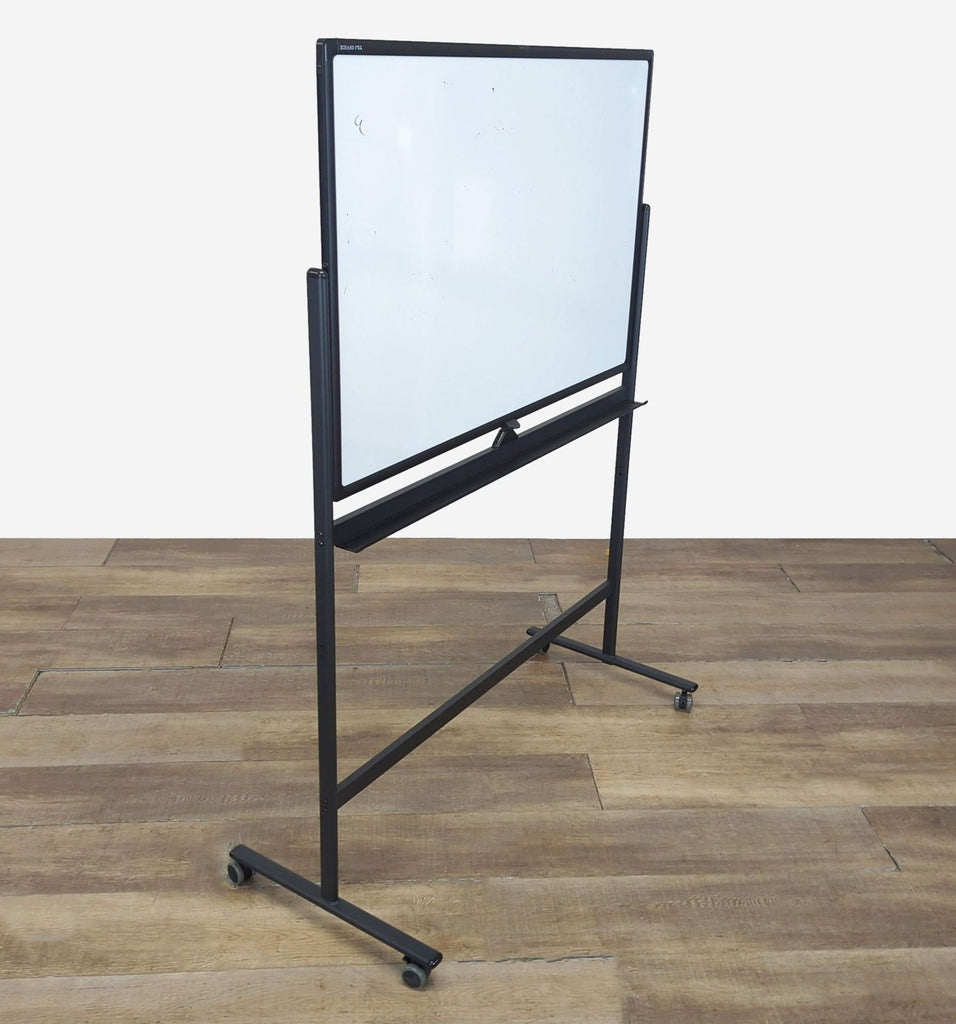 2. Side angle of TSJ Office mobile magnetic whiteboard featuring a marker tray and lockable wheels.