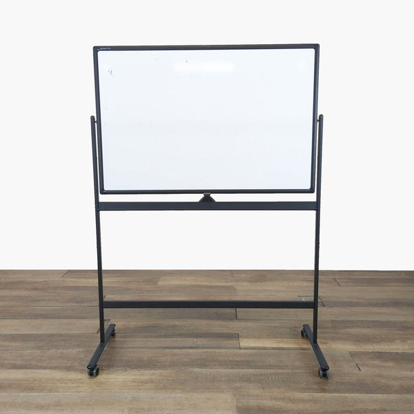 1. Mobile magnetic whiteboard on a black frame with lockable caster wheels, by TSJ Office, shown on wood floor.