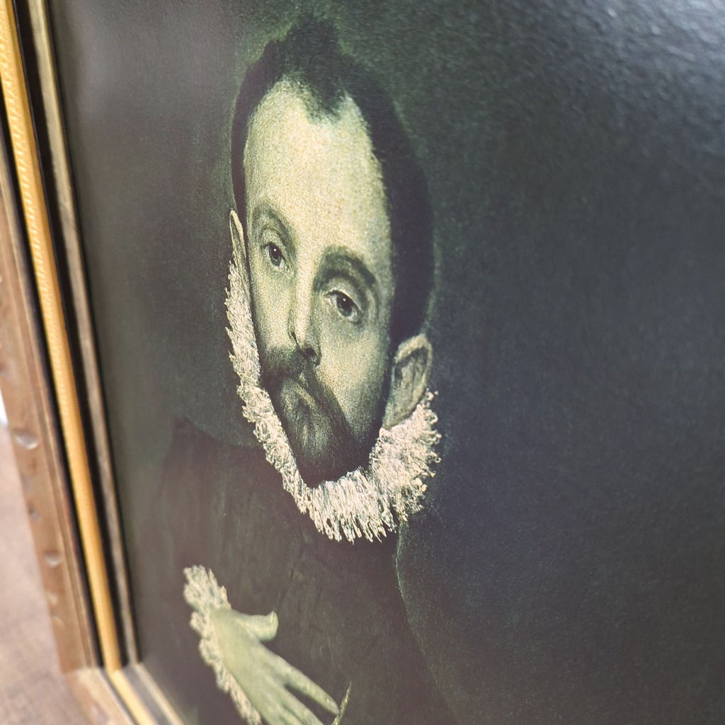 2. Close-up of El Greco's famous nobleman portrait print, focusing on the face and ruffled collar details.