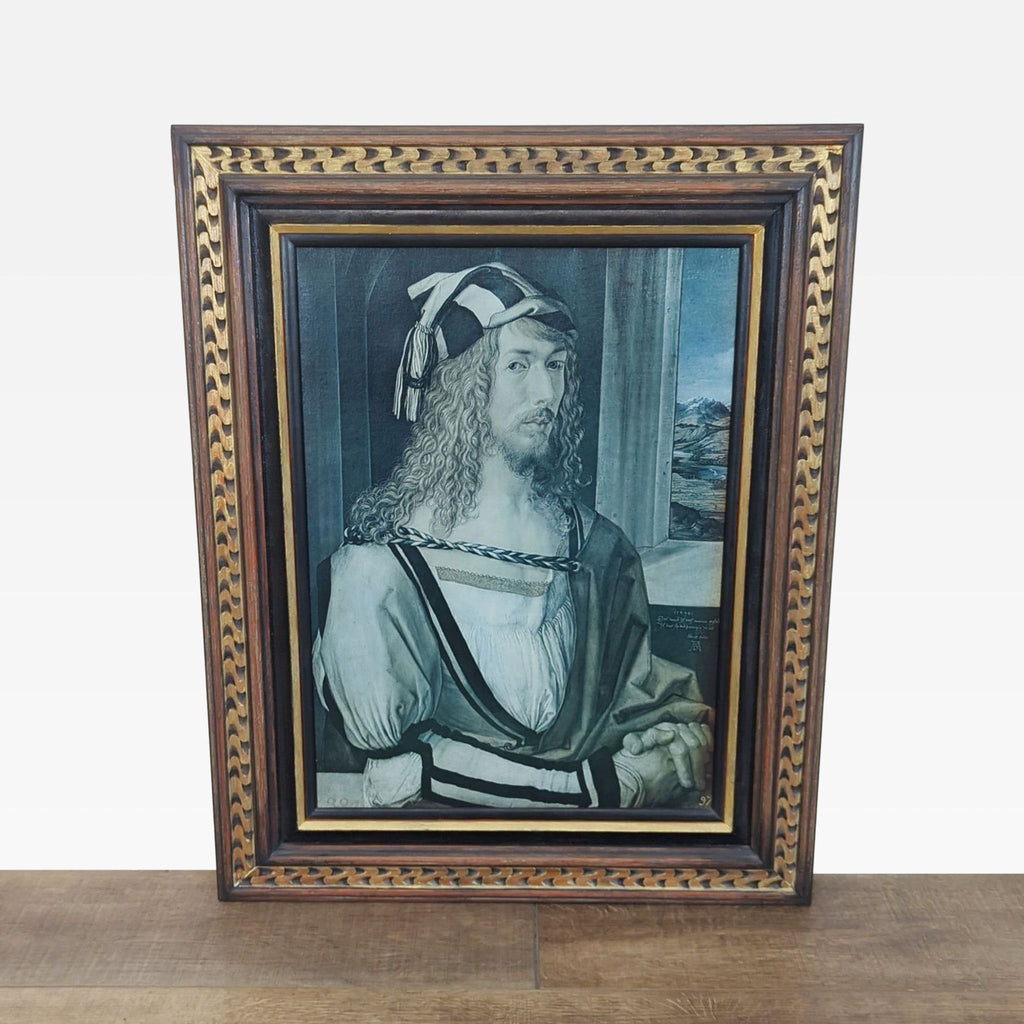 Framed print of Albrecht Dürer’s 1498 Self-Portrait, showing Dürer in elegant attire as an intellectual artist.