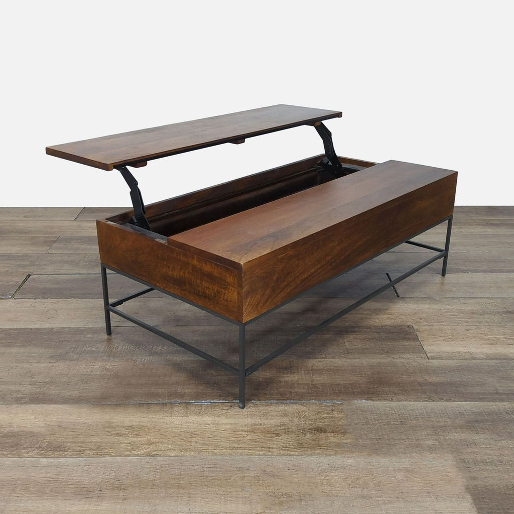 1. West Elm coffee table with mango wood top and steel frame, featuring a lift-top that does not close properly.  