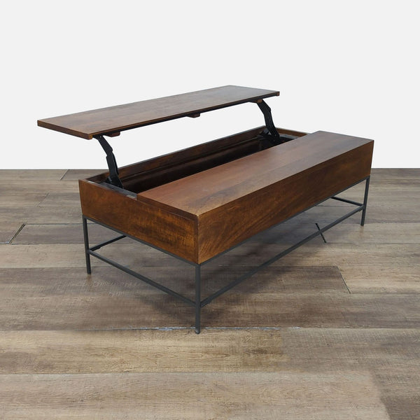 1. West Elm coffee table with mango wood top and steel frame, featuring a lift-top that does not close properly.  