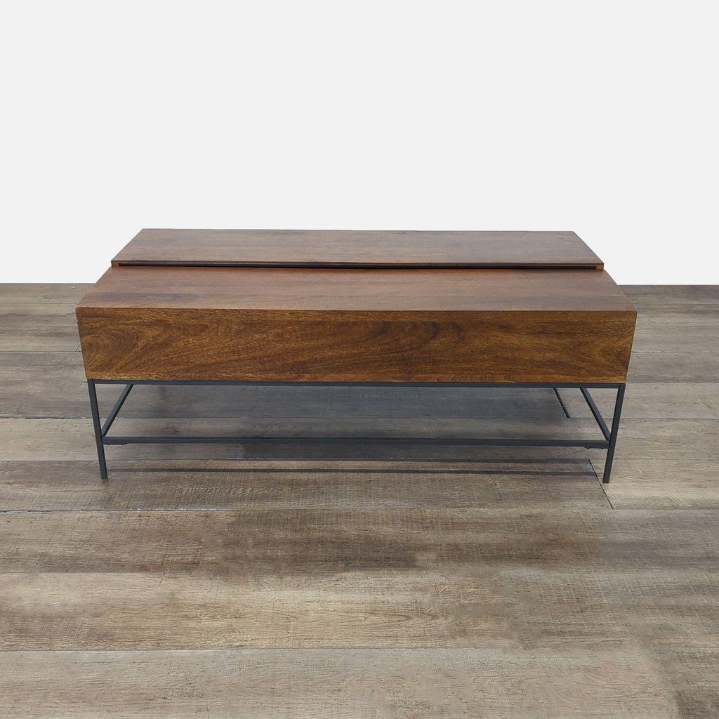 2. Modern coffee table by West Elm made of mango wood on steel legs, shown with closed and open lift-top.  
