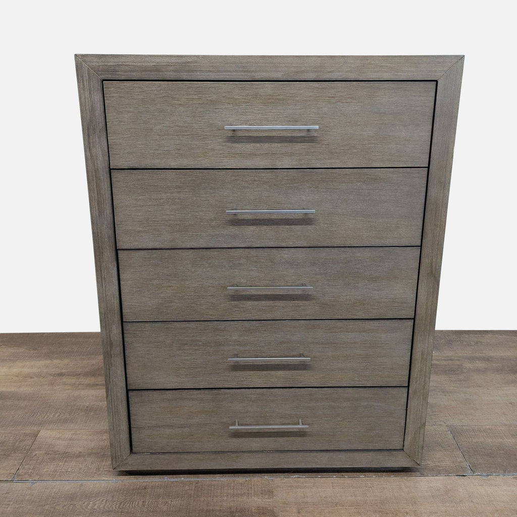 1. Modus dresser with five spacious drawers, rustic dark pine finish, and polished metal bar pulls.  