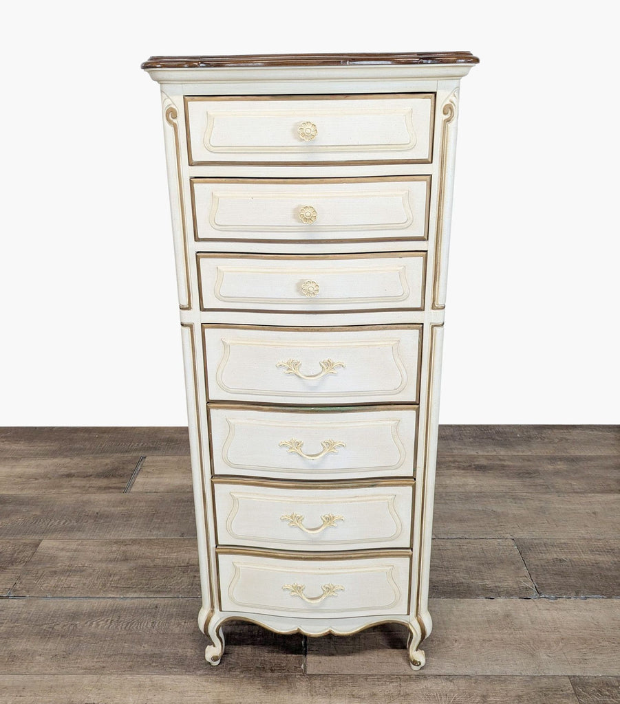 1. Tall, narrow Drexel Heritage dresser with curvy silhouette and classic French cabriole legs, six drawers visible.