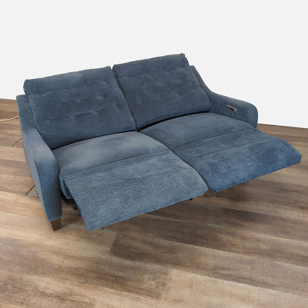 Parker House Loveseat shown reclined, highlighting power function and button-tufted upholstery.  