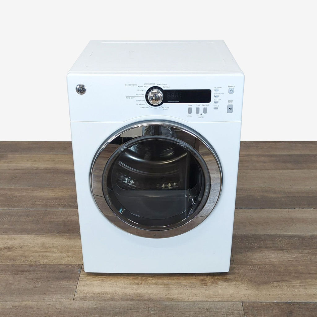 1. Front view of the GE DCVH480EKWW electric dryer with control panel and large glass door, ideal for laundry rooms.