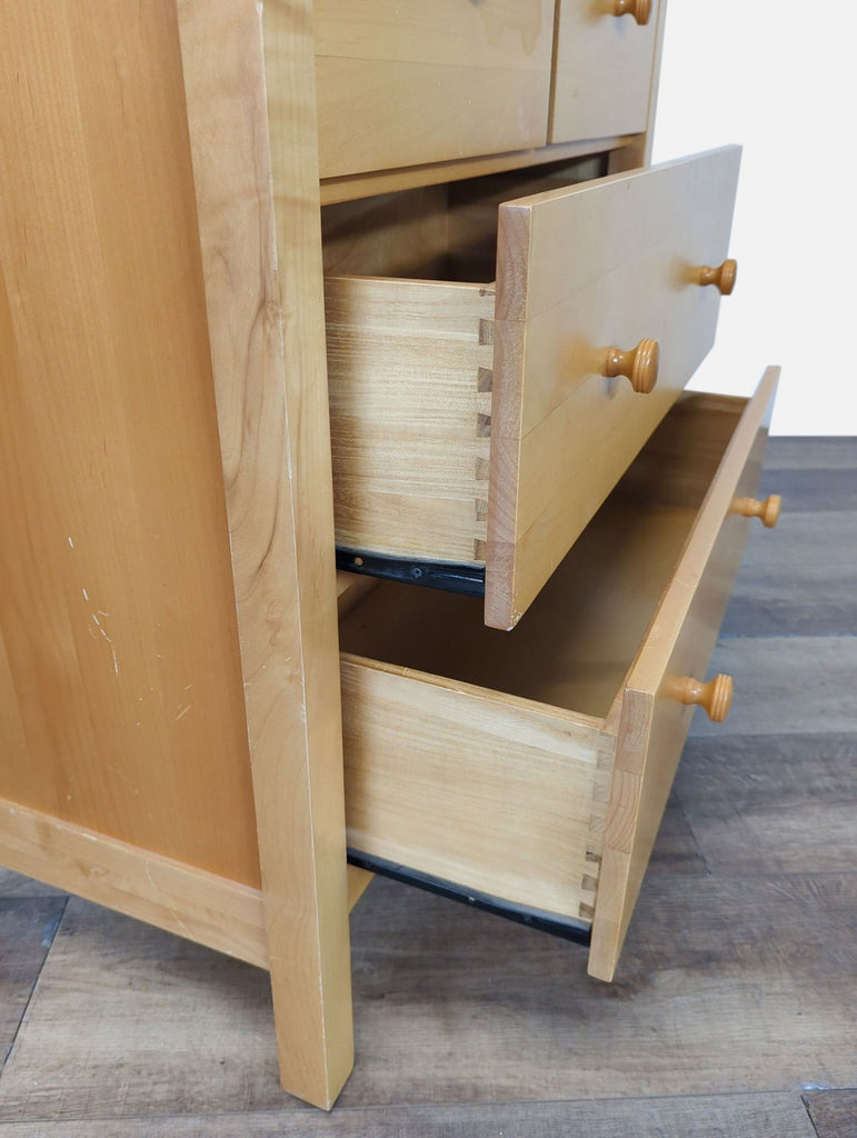 3. Close-up of dresser drawers in solid wood, showing dovetail joinery and Crate and Barrel Kids craftsmanship.