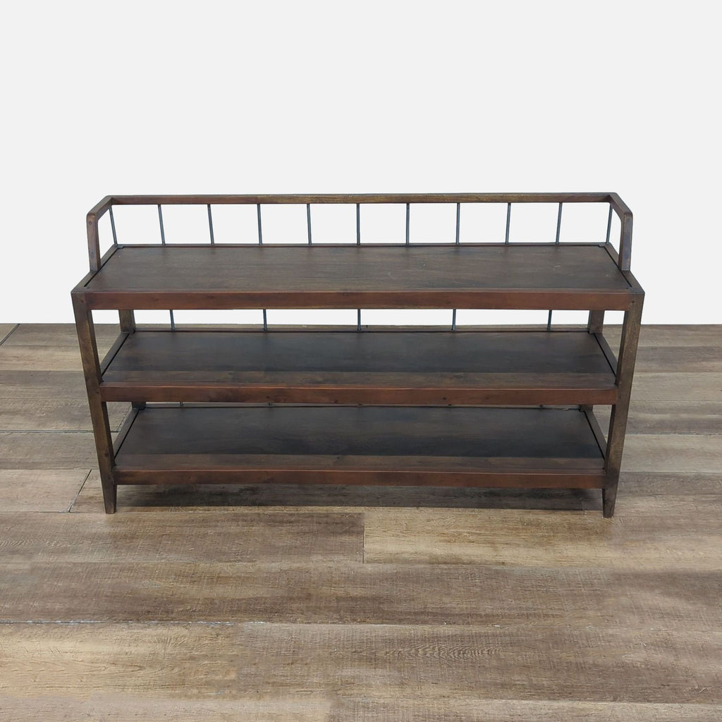 1. Three-shelf pecan-finished mango wood console table with slim iron rod backing from Country Living Furnishings.  