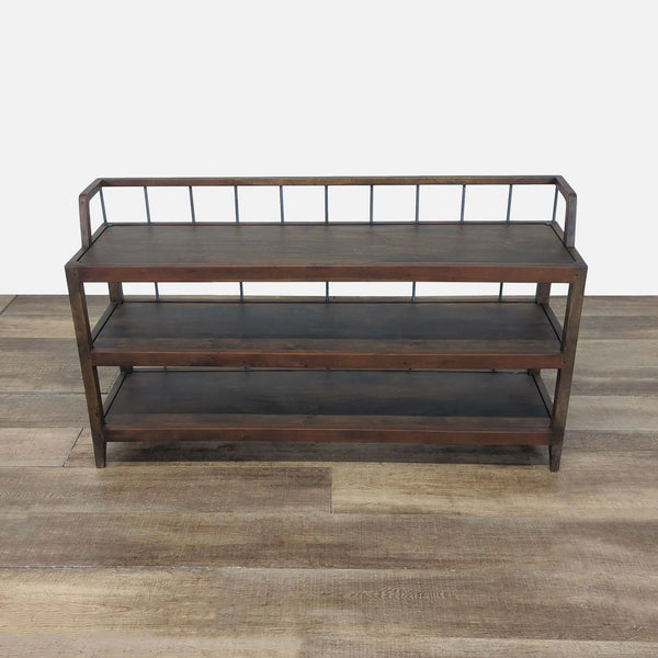 1. Three-shelf pecan-finished mango wood console table with slim iron rod backing from Country Living Furnishings.  