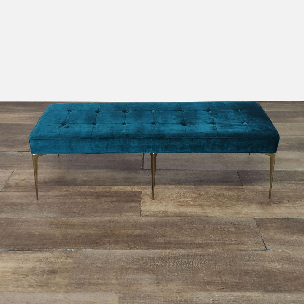 Modern bench with teal velvet button-tufted top and polished brass stiletto legs by CF Modern.