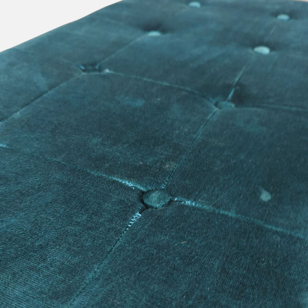 Detail of quadrant-seamed button-tufting on the teal velvet upholstery of the CF Modern bench.