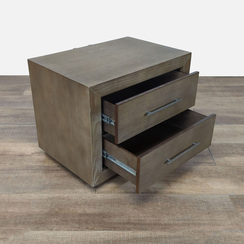 2. Angled view of Reperch End Table with both drawers open, displaying storage space.