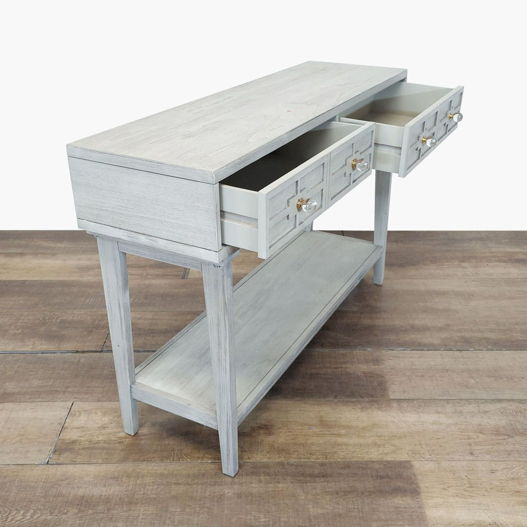 2. Angled view of Reperch side and console table showing two open drawers and a spacious lower shelf.