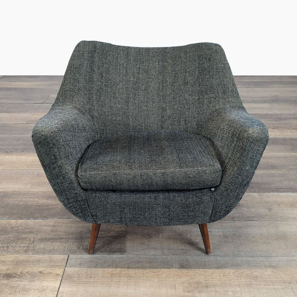1. Reperch lounge chair with dark tapered wood legs and gray tweed upholstery, front view.