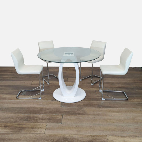 Modern dining set by Furniture Of America with round glass-top table, white base, and four white leatherette chairs.