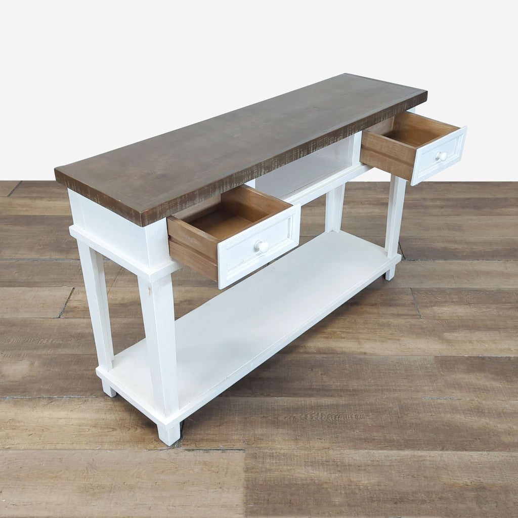 Angled view of Rustic Furniture Depot side table showing open drawers, white base, and brown top.  