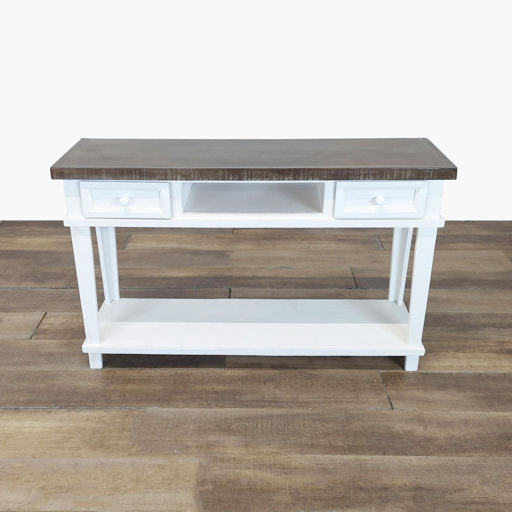 White and brown Rustic Furniture Depot console table with two drawers and lower shelf, on wooden floor.  