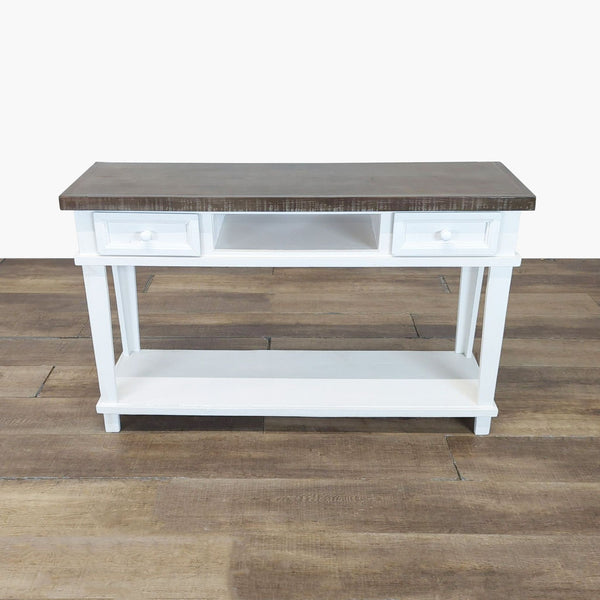 White and brown Rustic Furniture Depot console table with two drawers and lower shelf, on wooden floor.  