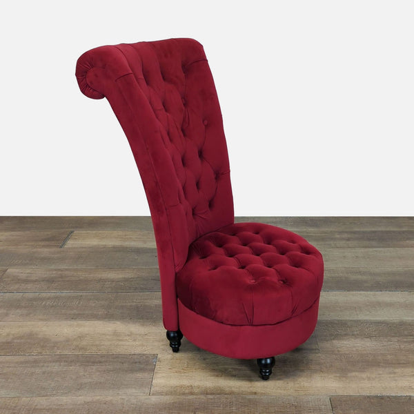 1. Reperch red velvet lounge chair with diamond tufting and turned wood legs, side view on wood floor.  