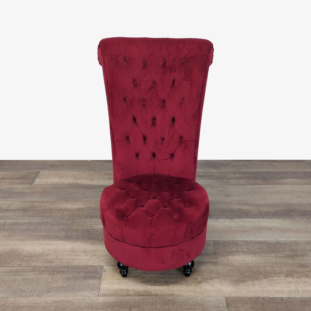 2. Reperch lounge chair in rich red velvet, with diamond tufting and turned wood legs, front view.  