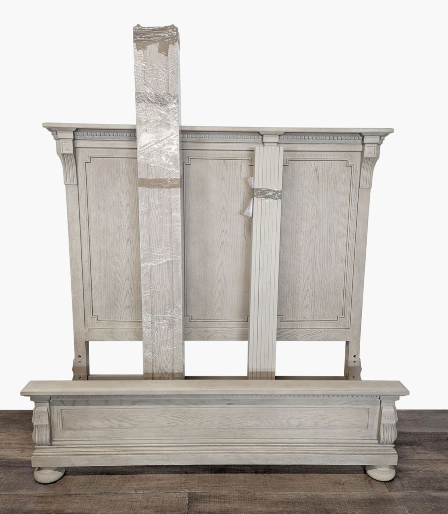 1. Restoration Hardware antiqued gray oak frame with fluted cornices, corbels, and dentil detailing, packaged and unassembled.