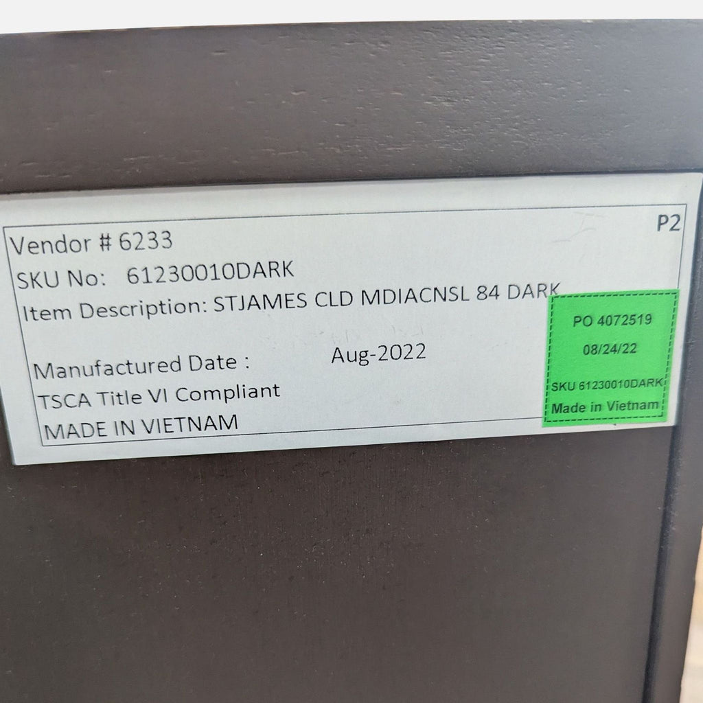 3. Product label showing SKU 61230010DARK, manufactured August 2022 in Vietnam for Restoration Hardware.