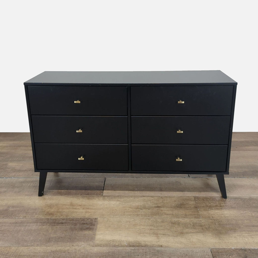 1. Prepac black mid-century modern double dresser with six drawers and brass-finished knobs, front view.  